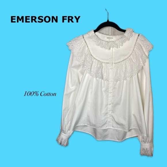 Emerson Fry Tops - EMERSON FRY Victoria 3 White Poplin Blouse Eyelet Lace Pearl Button XS